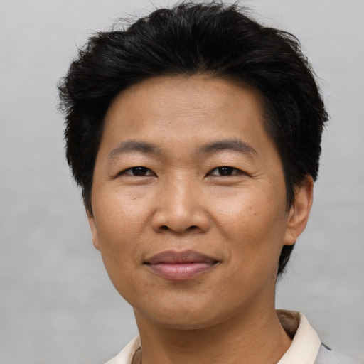Joyful asian adult male with short  brown hair and brown eyes