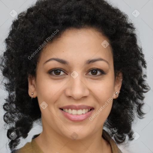 Joyful black young-adult female with medium  brown hair and brown eyes