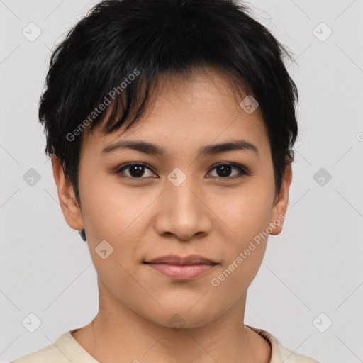 Joyful asian young-adult female with short  brown hair and brown eyes