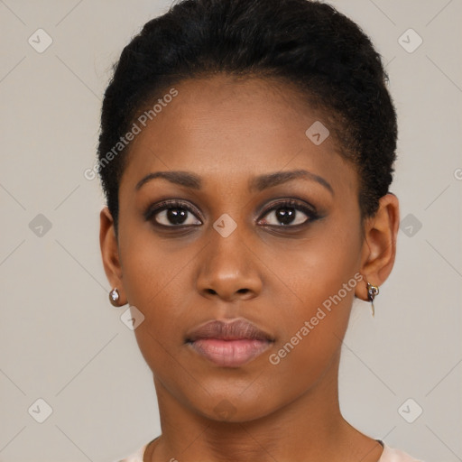 Neutral black young-adult female with short  brown hair and brown eyes