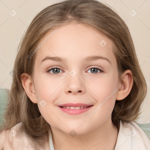 Joyful white child female with medium  brown hair and grey eyes