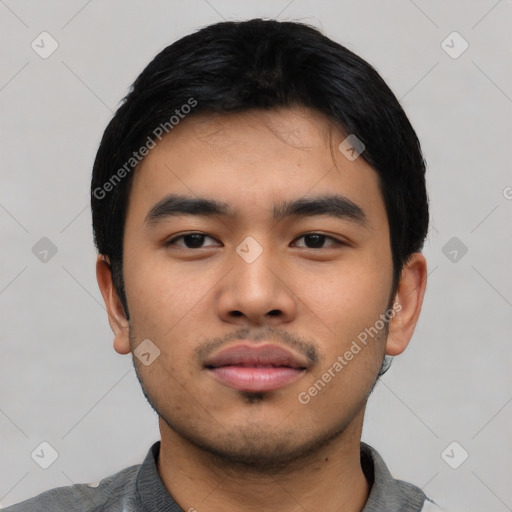 Neutral asian young-adult male with short  black hair and brown eyes