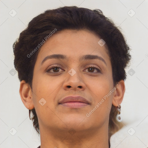 Joyful latino young-adult female with short  brown hair and brown eyes