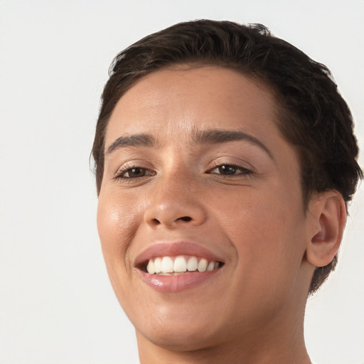 Joyful white young-adult female with short  brown hair and brown eyes