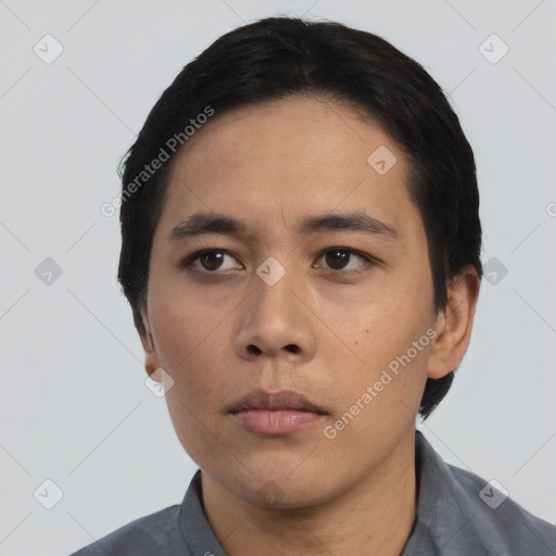 Neutral asian young-adult male with short  black hair and brown eyes