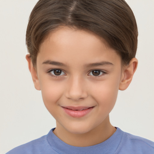 Joyful white child female with short  brown hair and brown eyes