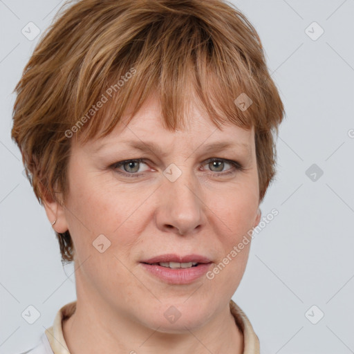 Joyful white adult female with medium  brown hair and blue eyes