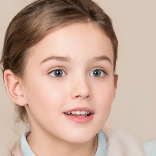 Joyful white child female with medium  brown hair and blue eyes