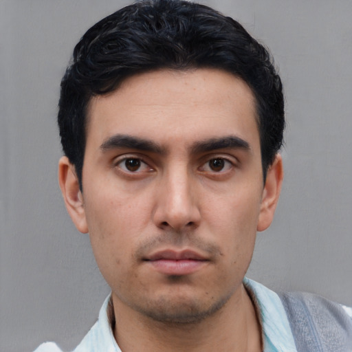 Neutral asian young-adult male with short  black hair and brown eyes