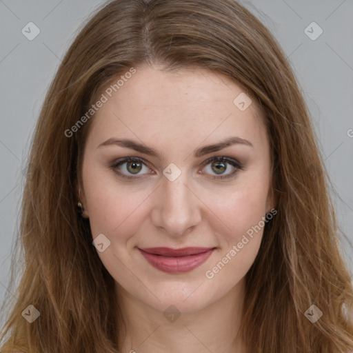 Joyful white young-adult female with long  brown hair and green eyes