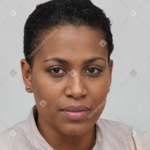 Neutral black young-adult female with short  brown hair and brown eyes