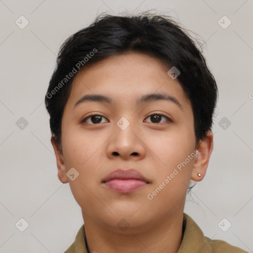 Neutral asian young-adult female with short  brown hair and brown eyes