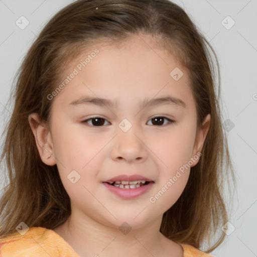 Joyful white child female with medium  brown hair and brown eyes