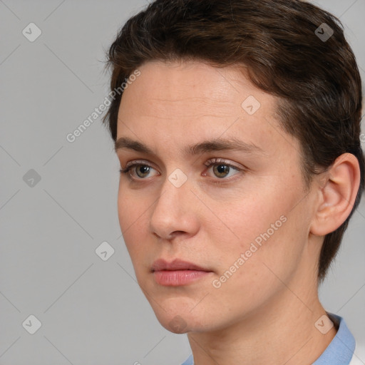 Neutral white young-adult female with short  brown hair and brown eyes