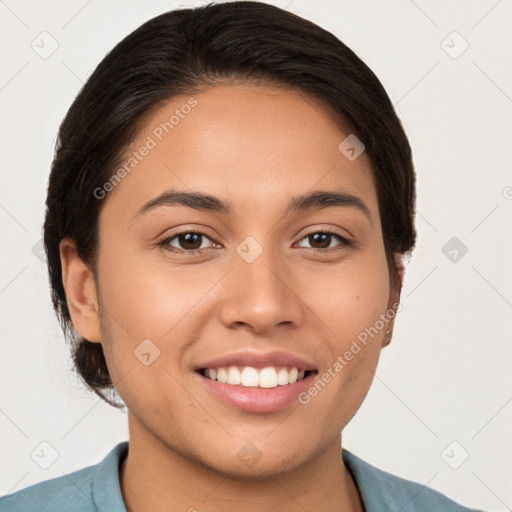 Joyful white young-adult female with short  brown hair and brown eyes