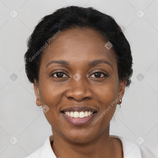 Joyful black young-adult female with short  black hair and brown eyes