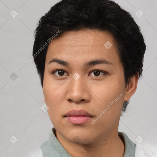 Neutral asian young-adult female with short  black hair and brown eyes