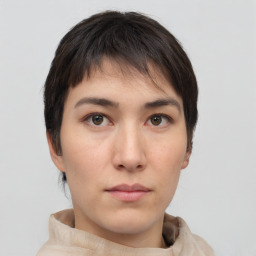 Neutral white young-adult female with short  brown hair and brown eyes