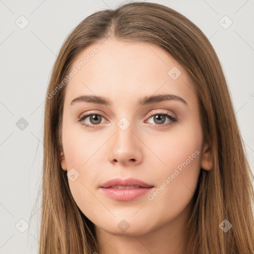 Neutral white young-adult female with long  brown hair and brown eyes