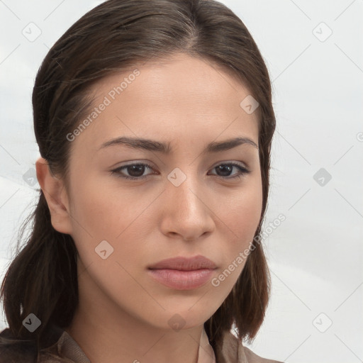 Neutral white young-adult female with long  brown hair and brown eyes