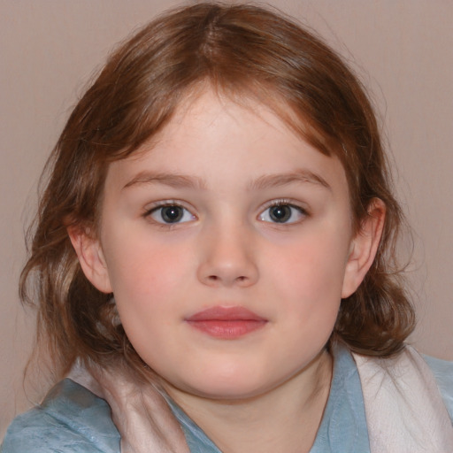 Neutral white child female with medium  brown hair and blue eyes