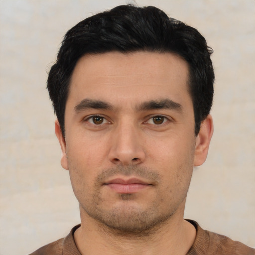 Neutral asian young-adult male with short  black hair and brown eyes