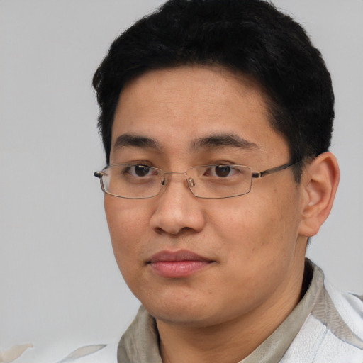 Neutral asian young-adult male with short  black hair and brown eyes