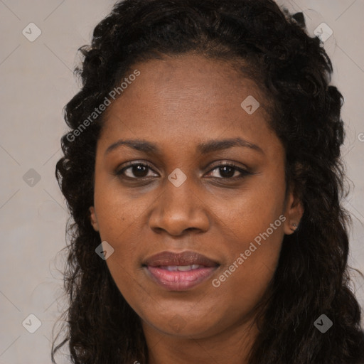 Joyful black adult female with long  brown hair and brown eyes