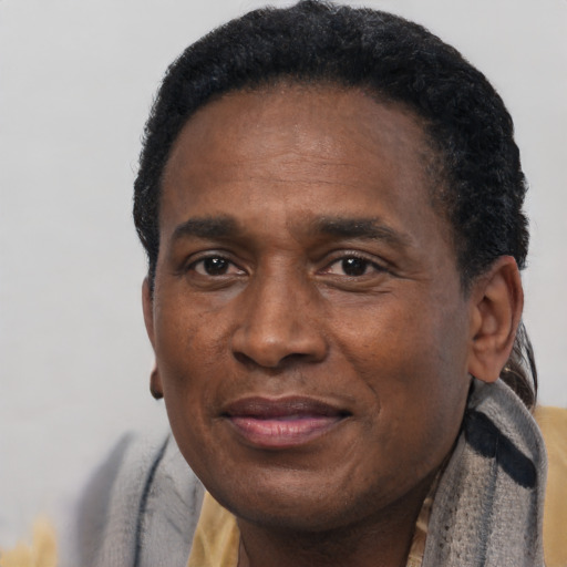 Joyful black adult male with short  brown hair and brown eyes