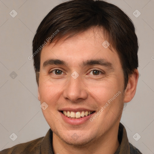 Joyful white young-adult male with short  brown hair and brown eyes