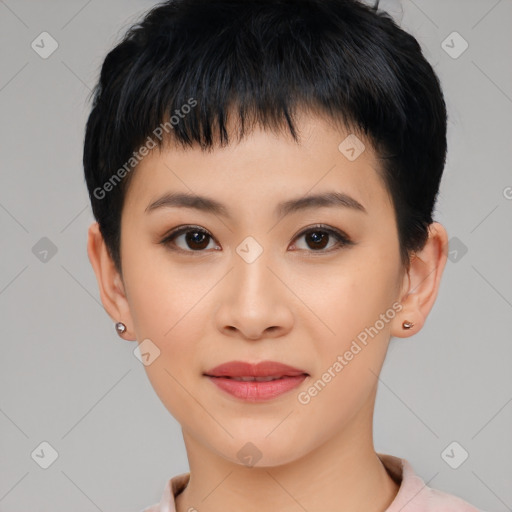 Joyful asian young-adult female with short  black hair and brown eyes