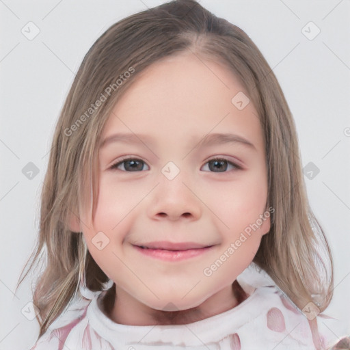 Joyful white child female with medium  brown hair and brown eyes