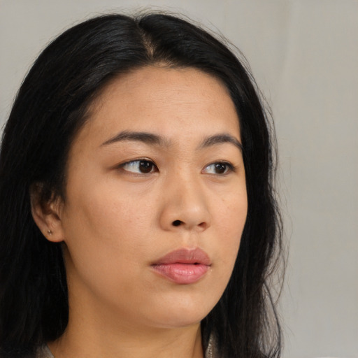 Neutral asian young-adult female with long  black hair and brown eyes