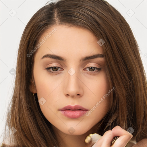 Neutral white young-adult female with long  brown hair and brown eyes