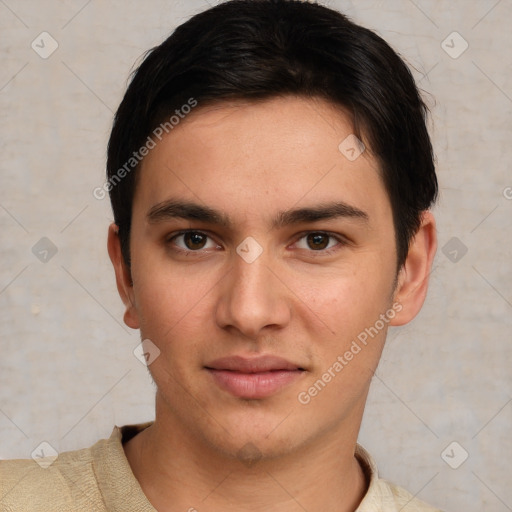 Neutral white young-adult male with short  brown hair and brown eyes