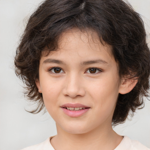 Joyful white child female with medium  brown hair and brown eyes