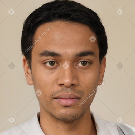 Neutral latino young-adult male with short  black hair and brown eyes