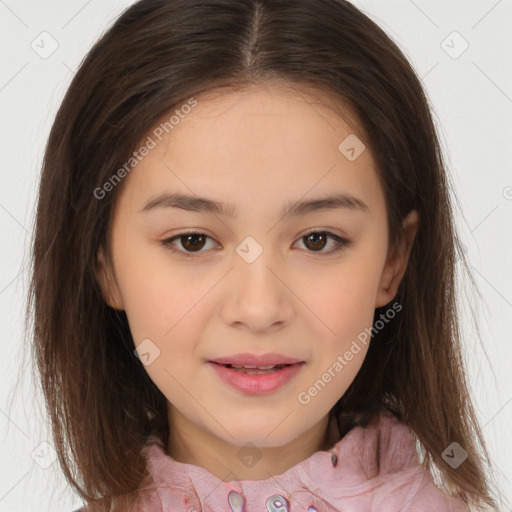 Joyful white child female with medium  brown hair and brown eyes