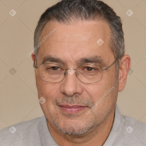 Joyful white middle-aged male with short  brown hair and brown eyes