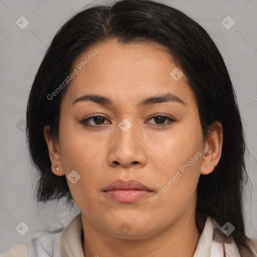 Neutral asian young-adult female with medium  brown hair and brown eyes