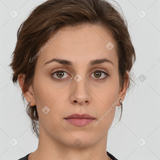 Neutral white young-adult female with medium  brown hair and brown eyes