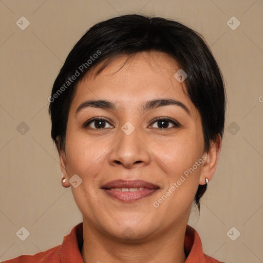 Joyful white adult female with medium  brown hair and brown eyes