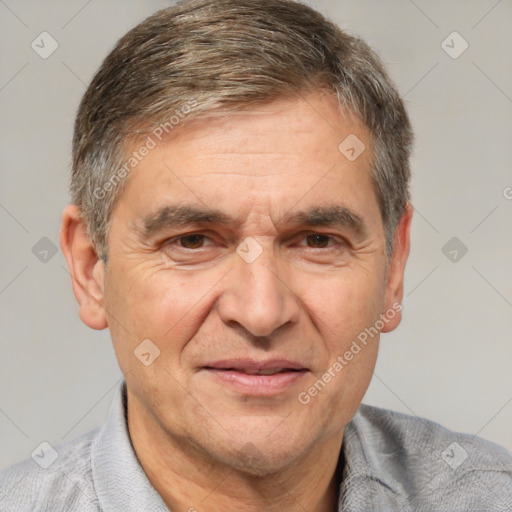 Joyful white middle-aged male with short  brown hair and brown eyes