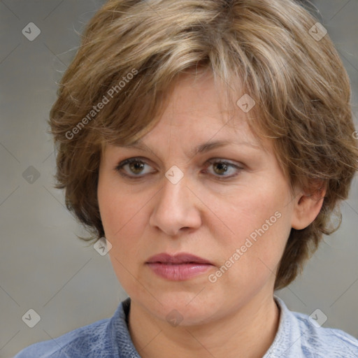 Joyful white adult female with medium  brown hair and blue eyes