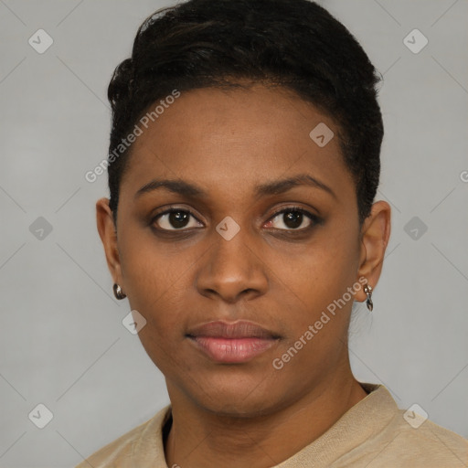 Neutral latino young-adult female with short  black hair and brown eyes
