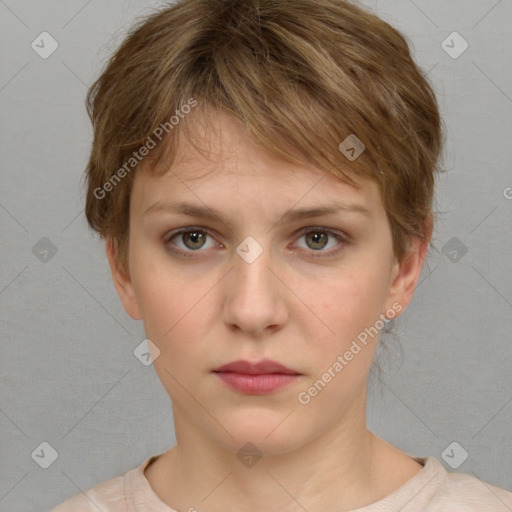 Neutral white young-adult female with short  brown hair and brown eyes