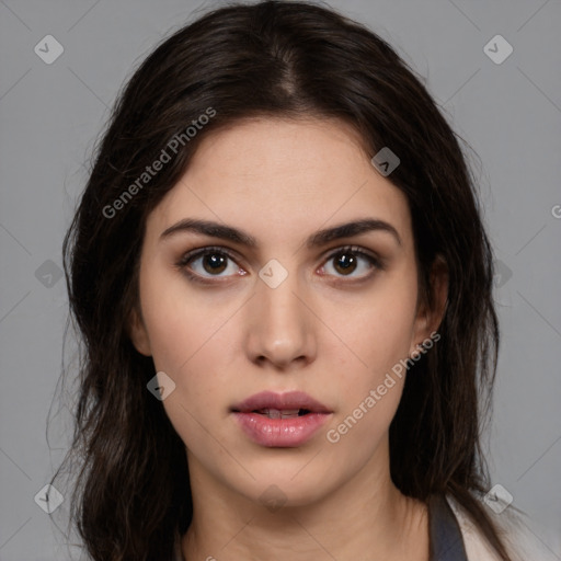 Neutral white young-adult female with medium  brown hair and brown eyes