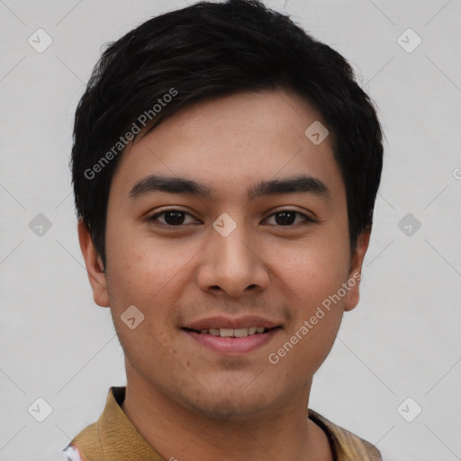 Joyful asian young-adult male with short  black hair and brown eyes