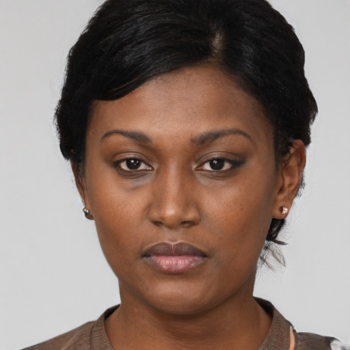 Neutral asian young-adult female with short  black hair and brown eyes