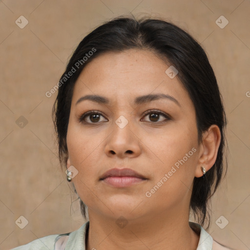 Neutral asian young-adult female with medium  brown hair and brown eyes